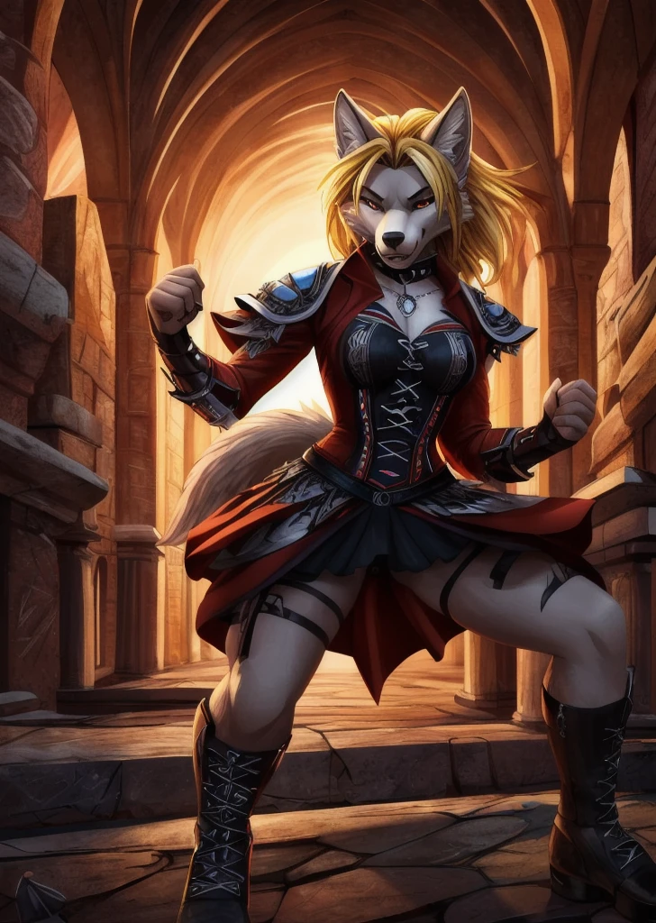 ((best quality, masterpiece, 4k, 8k, high res)), ((furry; Anthro Wolf)), blonde, dynamic fighting pose, ferocious, fangs, full body, female werewolf, sexy, vibrant colors, (edgy punk hairstyle), knight armor, well-toned abs, Victorian dress, goth corset,