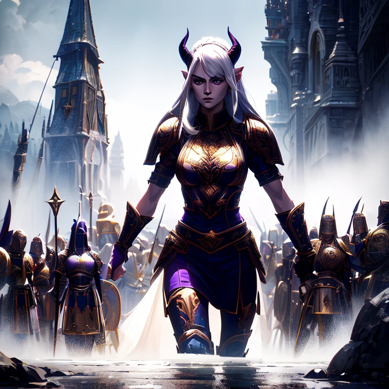 masterpiece, highest quality, (full bodyview), (perfect face:1.1), (high detail:1.1), (hyper detailed eyes), dramatic, a tiefling woman with pale white skin and long voluminous white hair, 25 years old, purple eyes, long hair, purple horns, toned body, athletic body, metal-plated armor, serious expression, standing on a big rock above an army of knights, holding sword, raising tip of the sword, commanding an army (numerous knights), giving signal to attack, attack comand, daylight, forest, fantasy setting, detailed background, cinematic lighting