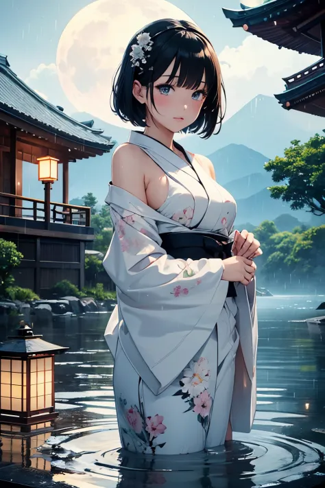 Young woman, beautiful figure, very delicate and beautiful eyes, big moon, rain falling, standing in ankle-deep water, reflection, wet clothes, black hair, short hair, bangs, wet hair, very detailed, Hair accessory, Japanese clothes, yukata, white kimono, ...