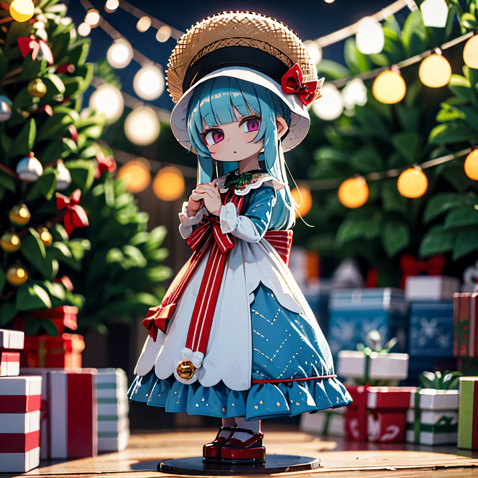 longshot、Doll wearing a dress and straw hat、pop-up parade figures、Jellyfish、anime figure、Christmas tree on background、Strong bokeh、jumpping