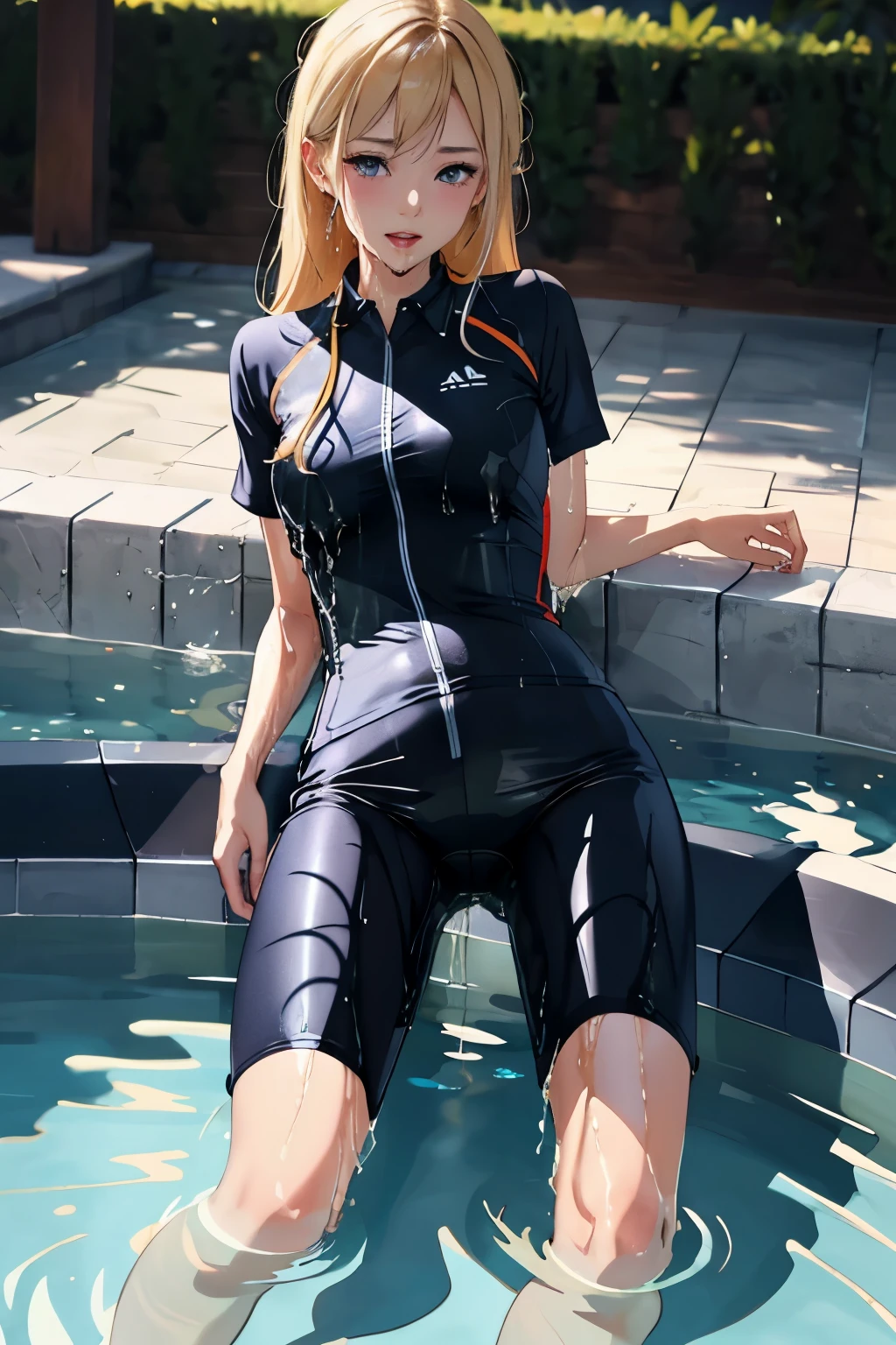 highres, beautiful women, tanned gyaru, blonde hair, high detail, good lighting, lewd, hentai, (((shiny wet spandex short-sleeved cycling suit))), ((wet clothes)), ((soaking wet)), ((wetlook)), (bare thighs), (((wetting herself))), (((peeing herself))), pee streaming down legs, peeing stain, (puddle), (thick thighs), nice long legs, lipstick, detailed face, pretty face, seductive face, aroused, sexually excited, (full body shot), ((in water bathing))