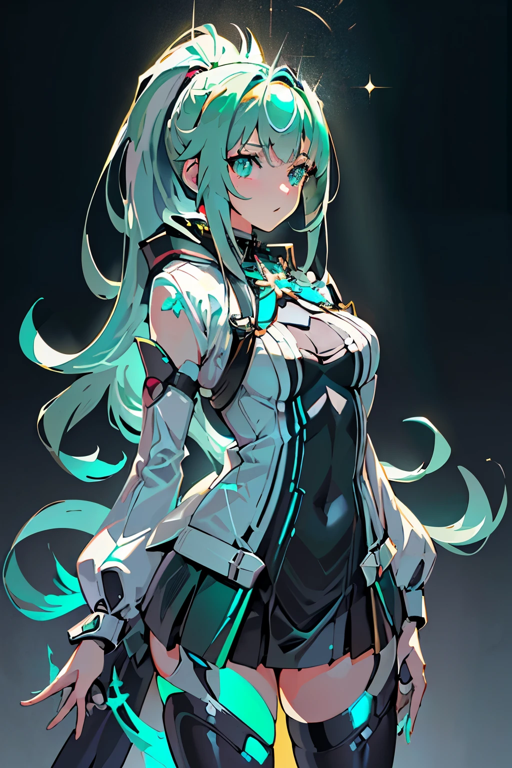 Anime, Girl, (((1girl))), (((Waifu, Xenoblade Chronicles 2, Pneuma Waifu))), Techwear, (((Seafoam Green Hair, Long Hair))), ((Seafoam Green Eyes eyes:1.3, Upturned Eyes: 1, Perfect Eyes, Beautiful Detailed Eyes, Gradient eyes: 1, Finely Detailed Beautiful Eyes: 1, Symmetrical Eyes: 1, Big Highlight On Eyes: 1.2, Hoshino Ai's Star Eyes)), (((Lustrous Skin: 1.5, Bright Skin: 1.5, Skin Fair, Shiny Skin, Very Shiny Skin, Shiny Body, Plastic Glitter Skin, Exaggerated Shiny Skin, Illuminated Skin))), (Detailed Body, (Detailed Face)), Young, Idol Pose, (Best Quality), Shirt, Loose Skirt, Stockings, Garterbelt, Modest Clothing, Skin Covered, Cute Disposition, High Resolution, Sharp Focus, Ultra Detailed, Extremely Detailed, Extremely High Quality Artwork, (Realistic, Photorealistic: 1.37), 8k_Wallpaper, (Extremely Detailed CG 8k), (Very Fine 8K CG), ((Hyper Super Ultra Detailed Perfect Piece)), (((Flawlessmasterpiece))), Illustration, Vibrant Colors, (Intricate), High Contrast, Selective Lighting, Double Exposure, HDR (High Dynamic Range), Post-processing, Background Blur