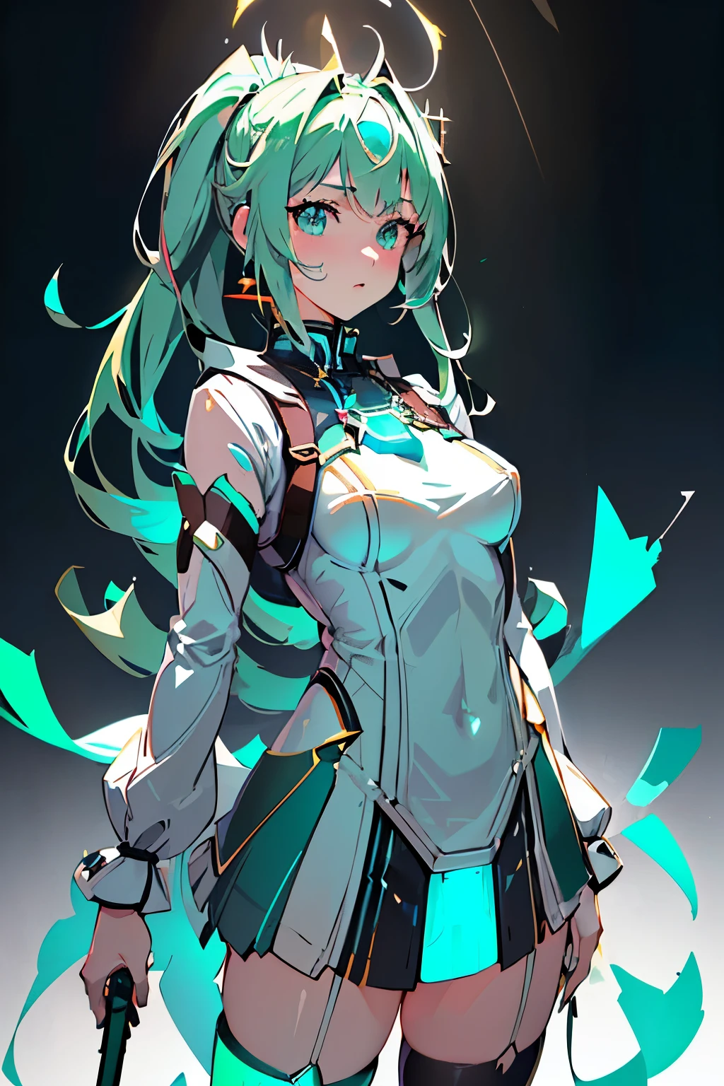 Anime, Girl, (((1girl))), (((Waifu, Xenoblade Chronicles 2, Pneuma Waifu))), Techwear, (((Seafoam Green Hair, Long Hair))), ((Seafoam Green Eyes eyes:1.3, Upturned Eyes: 1, Perfect Eyes, Beautiful Detailed Eyes, Gradient eyes: 1, Finely Detailed Beautiful Eyes: 1, Symmetrical Eyes: 1, Big Highlight On Eyes: 1.2, Hoshino Ai's Star Eyes)), (((Lustrous Skin: 1.5, Bright Skin: 1.5, Skin Fair, Shiny Skin, Very Shiny Skin, Shiny Body, Plastic Glitter Skin, Exaggerated Shiny Skin, Illuminated Skin))), (Detailed Body, (Detailed Face)), Young, Idol Pose, (Best Quality), Shirt, Loose Skirt, Stockings, Garterbelt, Modest Clothing, Skin Covered, Cute Disposition, High Resolution, Sharp Focus, Ultra Detailed, Extremely Detailed, Extremely High Quality Artwork, (Realistic, Photorealistic: 1.37), 8k_Wallpaper, (Extremely Detailed CG 8k), (Very Fine 8K CG), ((Hyper Super Ultra Detailed Perfect Piece)), (((Flawlessmasterpiece))), Illustration, Vibrant Colors, (Intricate), High Contrast, Selective Lighting, Double Exposure, HDR (High Dynamic Range), Post-processing, Background Blur