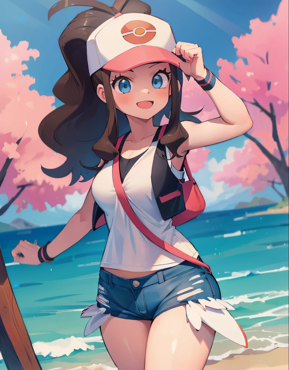 ((The best quality, Highly detailed, masterpiece)) 4k, 1girl, pokemon hilda, def1, curvy, plump thighs, visible thighs, thighs thighs, thick thighs, detailed eyes, Sitting on her legs, smile, In a forest, intense colours, looking to the camera