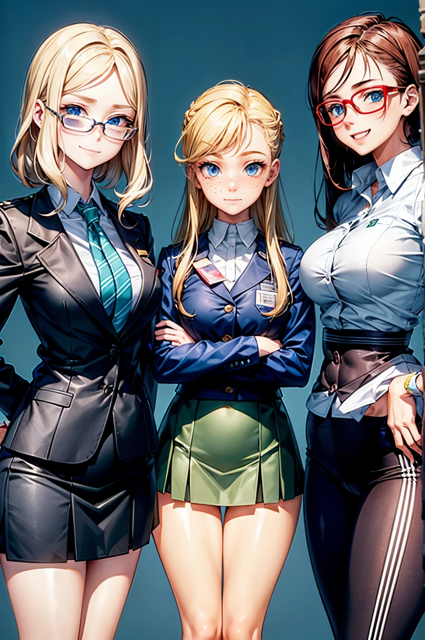 three university students wearing school uniforms the one on the left is blond with green eyes, the one in the middle is brown and wavy with blue eyes and the one on the right is red with freckles, all wearing glasses with a mischievous smile, olhando para o visualizador abaixo deles, Ultra Definition (prison background)