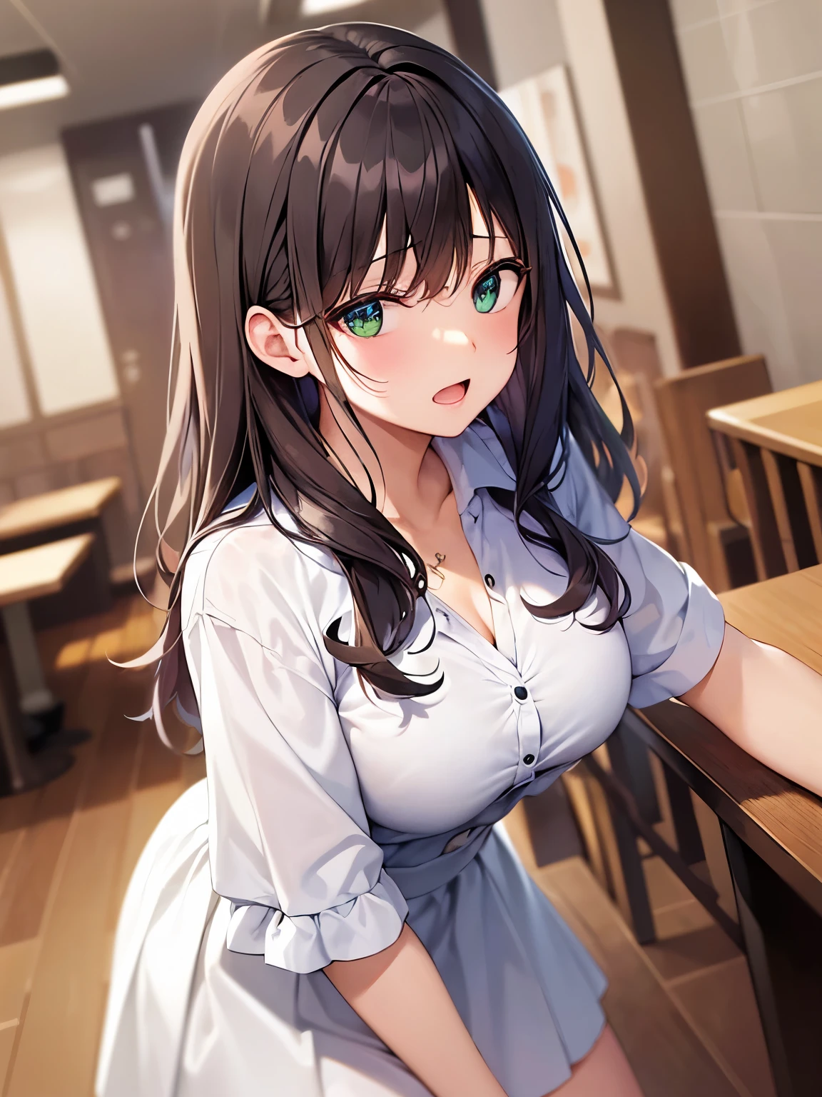 Placing hand on table, High angle, (leaning forward:1.3), Staring、​masterpiece、top-quality、 A 40-year-old green-eyed woman with wavy lobed brown bangs.、Wearing a white blouse、wearing a beige skirt、scared, open mouth, The background is a restaurant、(is standing:1.3)、Bold composition、Alone、