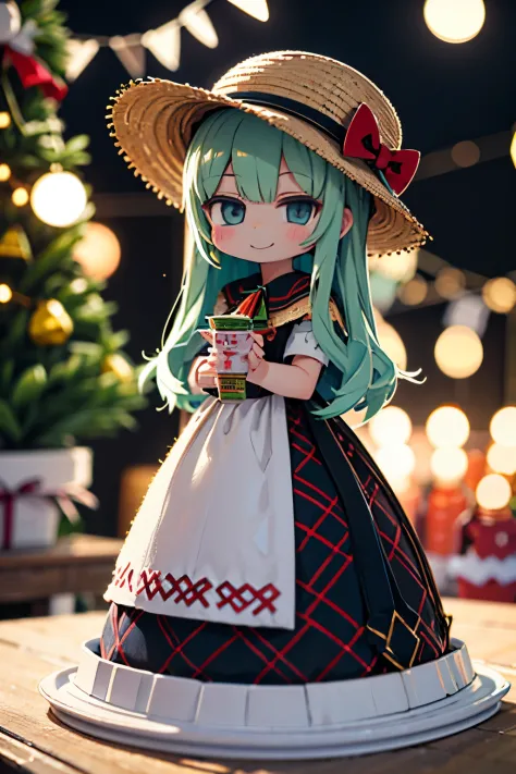 longshot、Doll wearing a dress and straw hat、pop-up parade figures、Christmas tree on background、Strong bokeh、I&#39;m the best、a smile