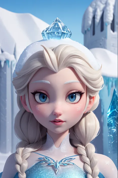 masterpiece, best quality, absurd res, maximum detail, intricate detail, extremely clear, lovely cute adorable (elsa \(frozen\)), character focus, sharp focus, (skin texture, skin pores:1.2), (on a snowy mountain top with an ice castle in background, detai...