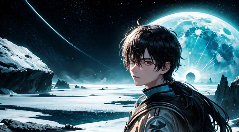 an emo male teenager with black hair,  blue lagoon, night, moon, blue planet, futuristic