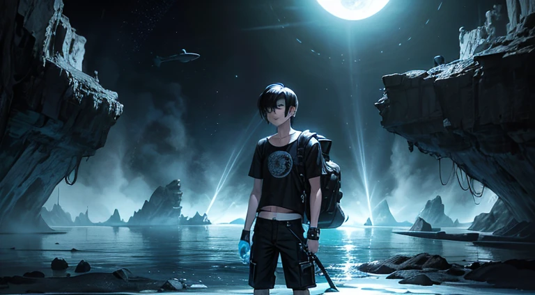 an emo male teenager with short black hair and black cargo pants and a white t shirt,  blue lagoon, night, moon, blue planet, futuristic