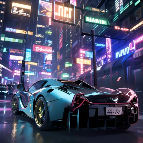 retrowave. city, LaFerrari, wide body kit, road,  Psychedelic purple neon lights, sun, mountain, 
(masterpiece,detailed,highres)...