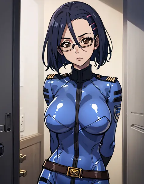 niimi kaoru,deadpan,Closed mouth,hair clips,Glasses,body suit,光沢のあるbody suit,uniform,Belt bag,Huge breasts,Looking at Viewer,Standing,((masutepiece)),((Best Quality)),Perfect Anatomy,8K UHD,extra detailed face,gloss and shiny,((1girl in)),((Solo)),Brown ey...
