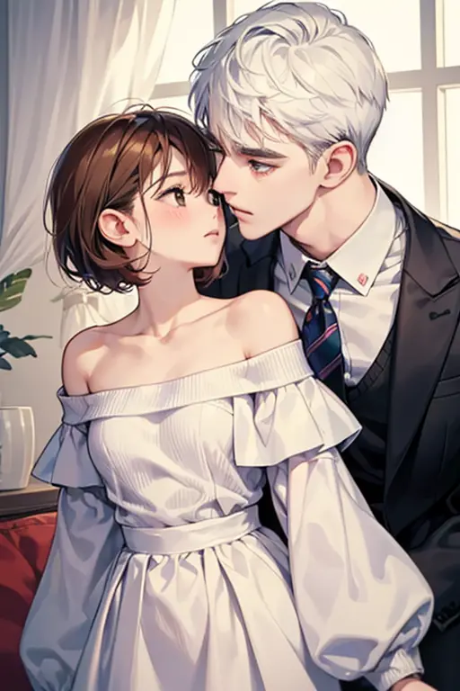 Male and female couples、Flirting、Intense kiss、girl with(White head hair,short-hair,kawaii、Embarrassed look,off-the-shoulder swea...