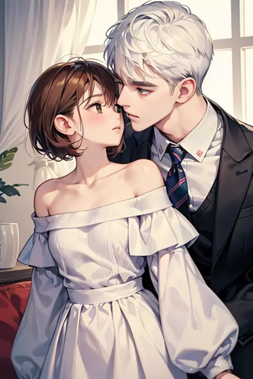 male and female couples、flirting、intense kiss、girl with(white head hair,short-hair,kawaii、embarrassed look,off-the-shoulder swea...