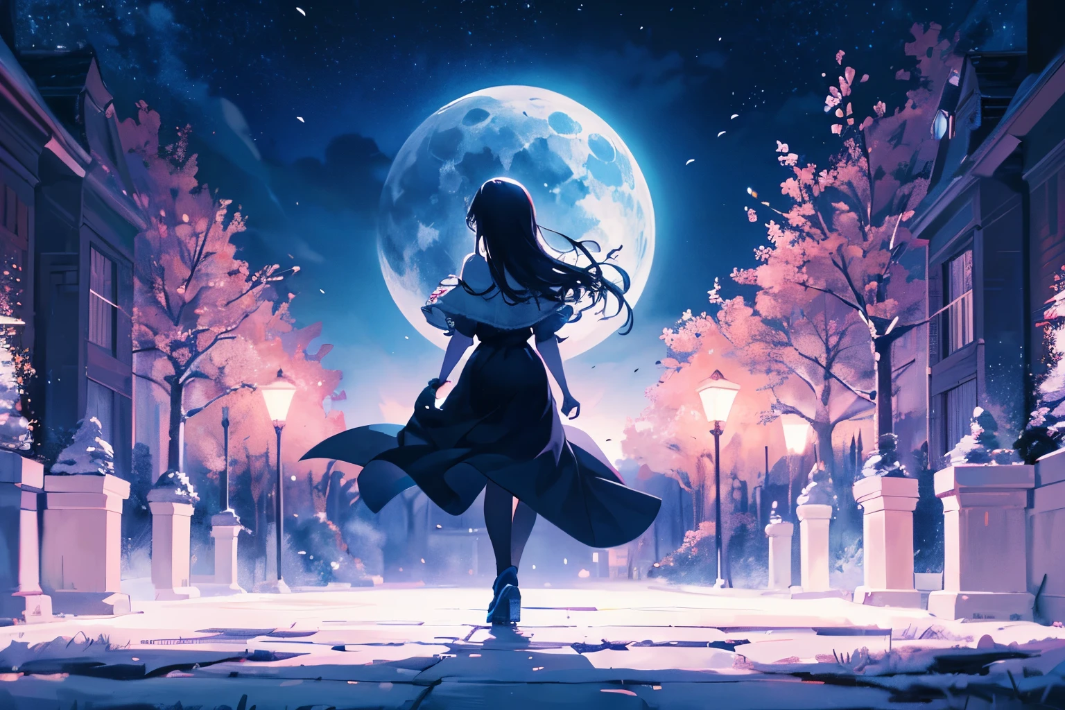 "Generate a high-quality illustration featuring the silhouette of a girl walking under the moonlight at night, creating an overall fantastical and intricate atmosphere. Craft a masterpiece with meticulous attention to detail, capturing the ethereal play of shadows and moonlight. The artwork should evoke a sense of mystery and wonder as the girl strolls through the night, with the moon casting enchanting reflections. Aim for the best possible quality, delivering a visually captivating and emotionally resonant composition.