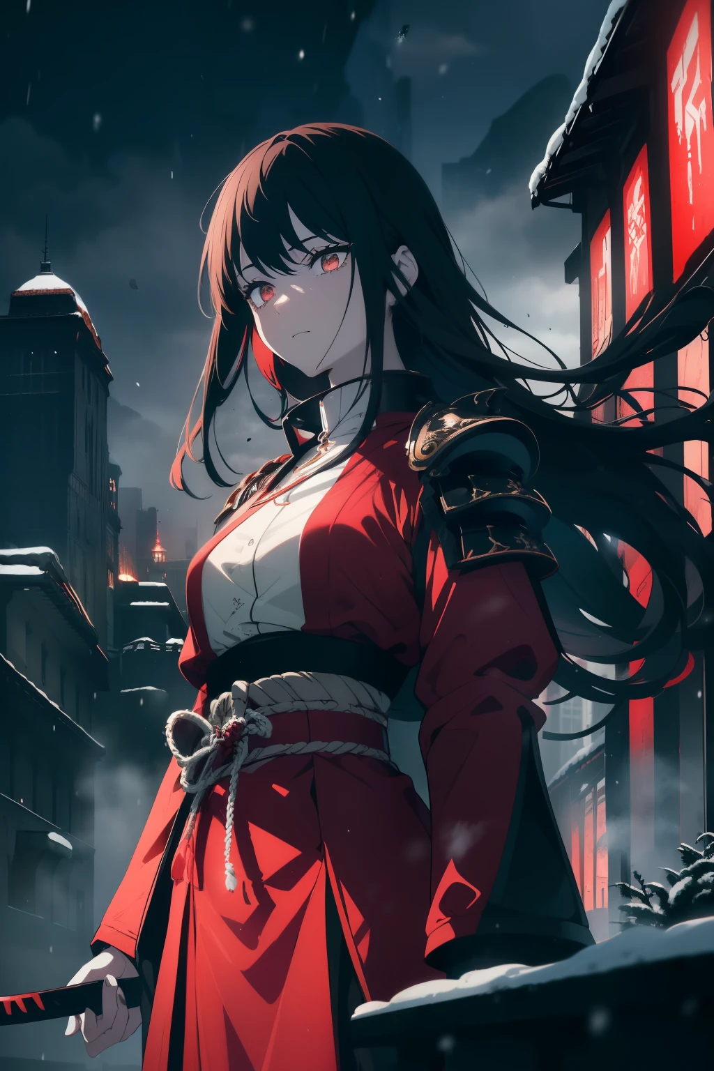 ((Obra-prima, A melhor qualidade, resolução ultra-alta)), ((uma garota com uma armadura vermelha de samurai, de pé com confiança, pronto para lutar)), ((Katanas, nas costas, katana de mão, atacando o espectador com katana)), (vento no cabelo), ((samurai , vestido com armadura de aço vermelho, armadura de placa vermelha)), ((Cabelo preto, dark Cabelo preto)), corte de cabelo longo, pele pálida, ((brown olhos)), ((brilhante_olhos)), neon olhos, (ultra detailed olhos:0.7, rosto lindo e detalhado, detailed olhos:0.9), visualizador de frente, Nivél dos olhos, ((vibrant fundo, nevey landscape, paisagem urbana, neveing, neve)), peito achatado, Olhando para o visualizador, ((half closed olhos)), ((mãos perfeitas)), (((cabeça:1, braços, quadris, cotovelos, em vista))), mãos atrás das costas, ((fiery olhos)), bela iluminação, fora, ao ar livre, fundo, assunto definido, 25 anos de idade, (cabeça tilt), (((Um muito lindo, imagem legal e animada)))