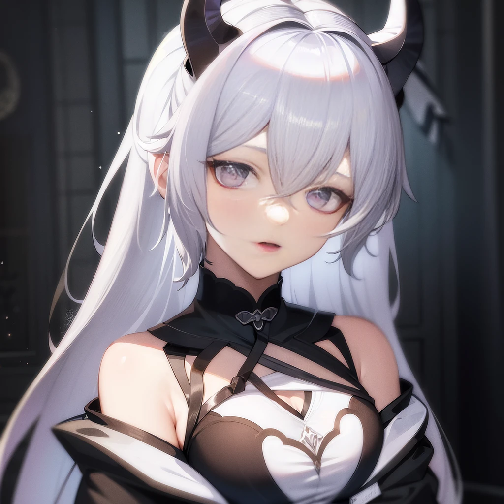 Garota anime com cabelos brancos e chifres em traje preto e branco, garota anime demônio, dos arknights, mika kurai demon, deus de cabelos brancos, menina gato branco, arte oficial do personagem, garota de anime com orelhas de gato, demônio rainha de chifres brancos, das meninas da linha de frente, [[[[sorrindo maldosamente]]]], tendências no artstation pixiv