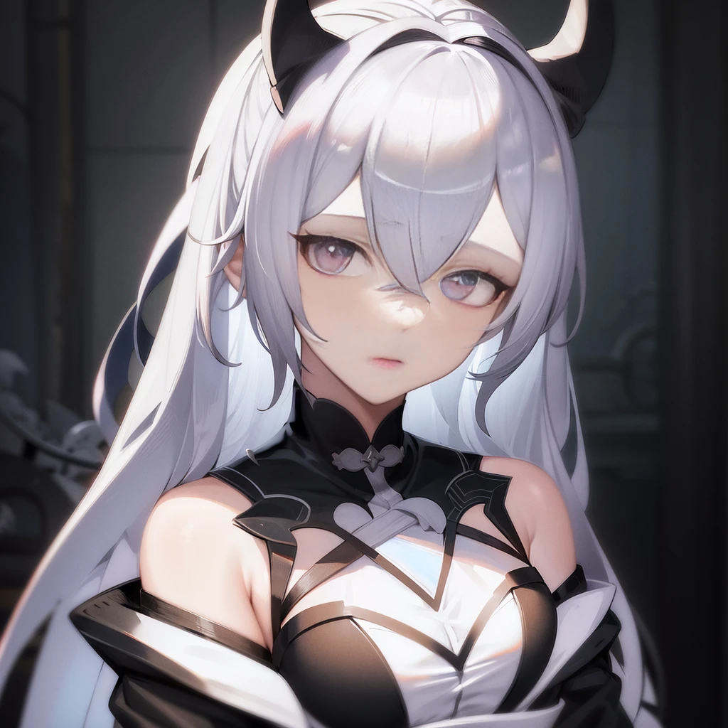 Chica anime con pelo blanco y cuernos vestida de blanco y negro., chica anime demonio, De Arknights, mika kurai demonio, dios de pelo blanco, Chica Gato Blanco, arte oficial del personaje, chica anime con orejas de gato, cuernos blancos reina demonio, de chicas de primera línea, [[[[sonriendo malvadamente]]]], tendencia en artstation pixiv