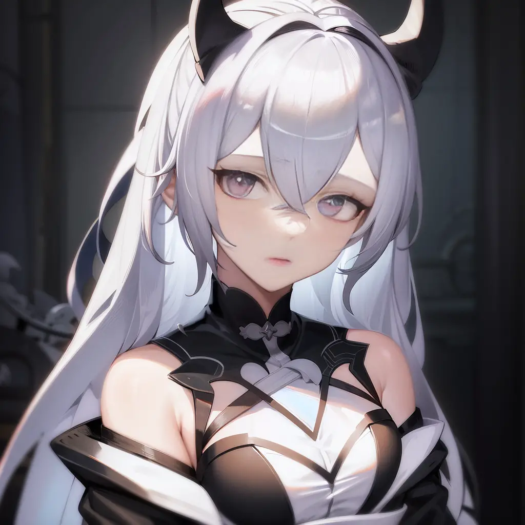 anime girl with white hair and horns in black and white costume, demon anime girl, from arknights, mika kurai demon, white haire...