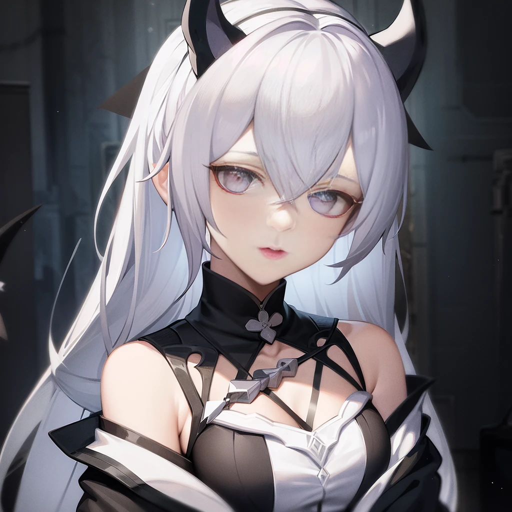 Chica anime con pelo blanco y cuernos vestida de blanco y negro., chica anime demonio, De Arknights, mika kurai demonio, dios de pelo blanco, Chica Gato Blanco, arte oficial del personaje, chica anime con orejas de gato, cuernos blancos reina demonio, de chicas de primera línea, [[[[sonriendo malvadamente]]]], tendencia en artstation pixiv