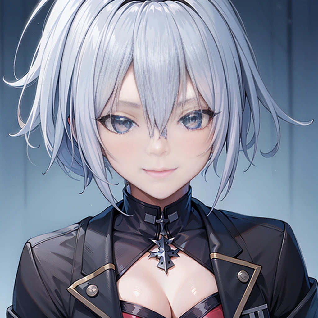 Anime-Mädchen mit blauen Haaren und roten Augen trägt eine schwarze Jacke, Porträt Gapmoe Yandere Grimdark, Anime-Moe-Kunststil, schelmisches Grinsen, von Mädchenfrontline, atemberaubendes Anime-Gesichtsporträt, detaillierte Anime-Charakterkunst, Anime-Charakterporträt, Porträt einer weiblichen Anime-Heldin, Porträt Ritter des Tierkreises Mädchen, Schurken-Anime-Mädchen Ayanami Rei, Abonnieren