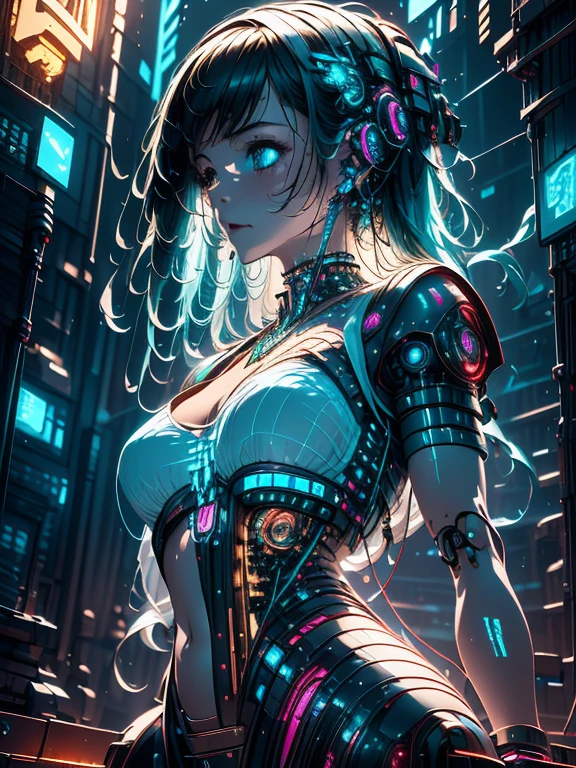 absurderes,(​masterpiece、top-quality、8K ),intricate detailes,ultra-detailliert、1 Beautiful, And a woman of perfect proportions,(Machine Girl 1.long purple hair,cleavage,Navel,Upper body,(Mechanical body,mechanical arms :1.4),(greenr&Silver metallic body:1.3),Neon Light Parts,Red glowing neon lights,Blue Glowing Neon Lights、Mechanical headgear ,(Cyberpunk ),(Fighting stance:1.2),Hyper realistic,Perfect Anatomy