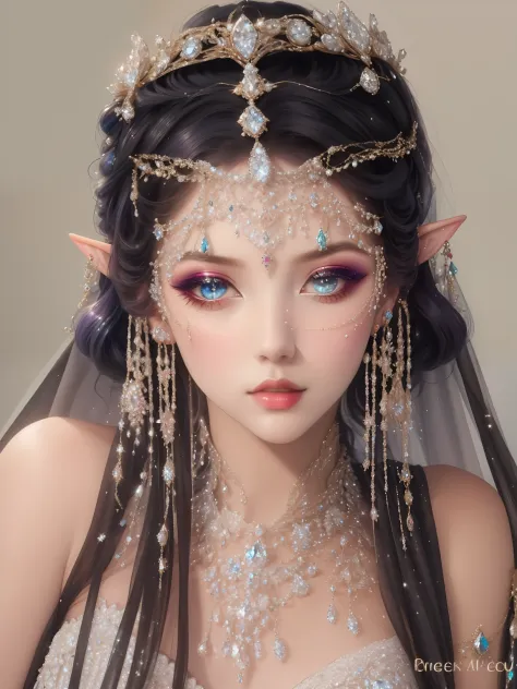Close-up of woman wearing veil and headscarf, Forehead jewelry, Surreal Fantasy Headgear, Jewelry decoration on forehead, jeweled veil, beautiful fantasy queen beautiful fantasy queen)), dark witch tiara, jewelled headdress, headpiecehigh quality, Ethereal...
