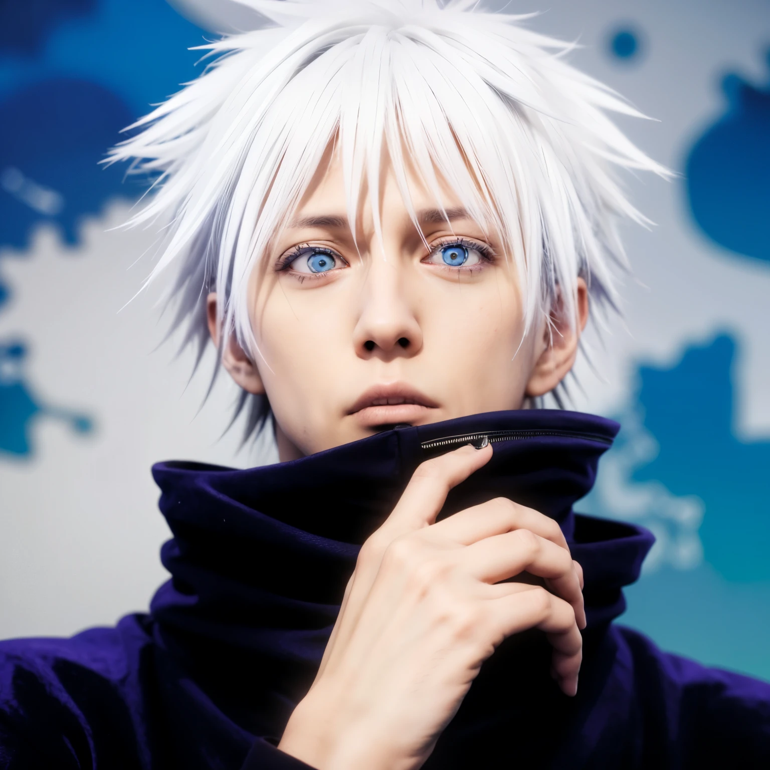 Ein Mann, Freude saturo(jujutsu kaisen), Freude, Blaue Augen, Cosplay-Kostüm, real, realistisch, Hohe Auflösung, Echter Mann, Cosplay-Kostüm, Freude(jujutsu), Blaue Augen