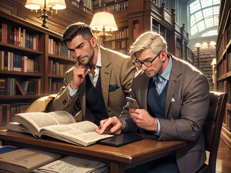 wise middle-aged professor, charming, attractive, muscular man, tweed jacket with elbow patches, classic library setting, schola...