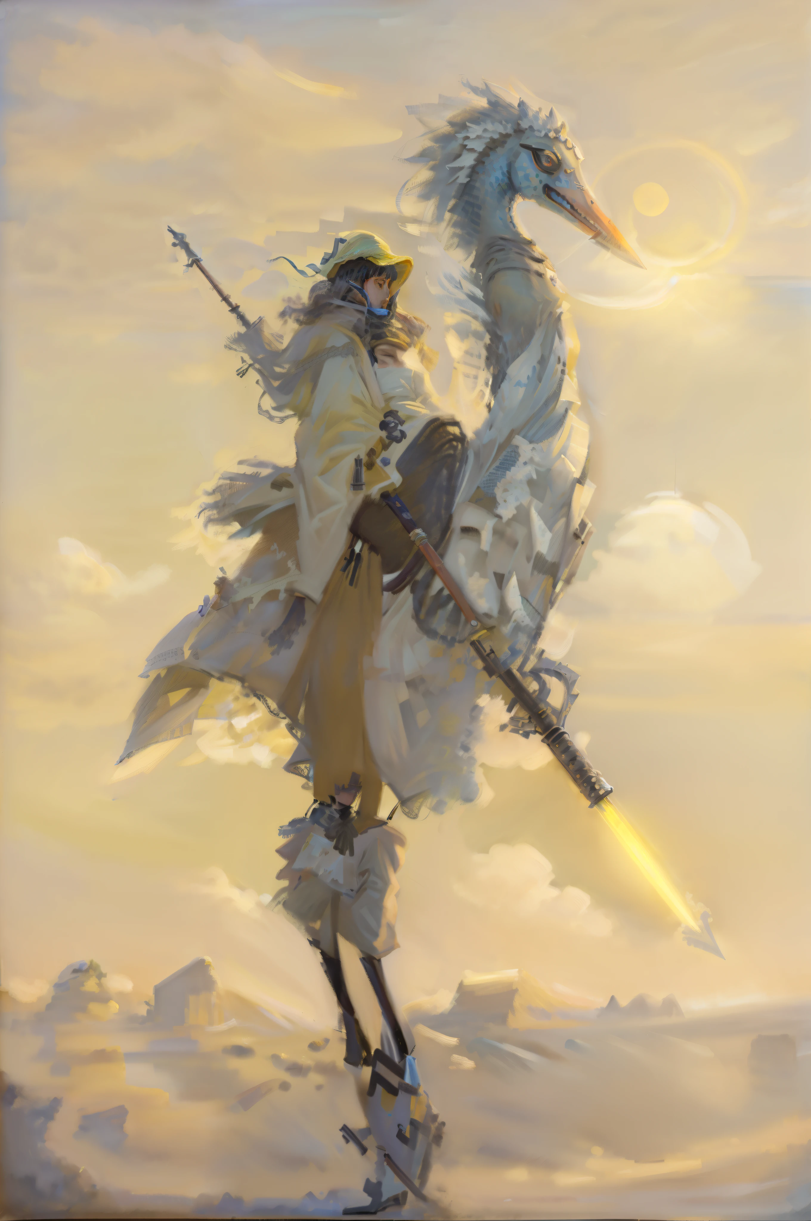 A man wrapped in a long dusy dull yellow robe wearing grey nonreflective goggles he holds a extreme long spire sword rifle combined weapon at an angle pointing down as he rides, rides a Morax, like a blue heron with a long neck and longer legs a large flightless bird 3 times the size of a man it  blue-grey in color with an extreme long pointed narrow bill both the man and bird have trible markings, accross near the horizen, in a mostly barren landscape on a far distant planet, one large ringed plannet hangs in the dusty sun baked sky, 64k resolution,Masterpiece