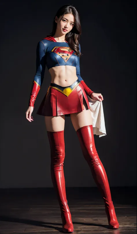 No background、(((Wear black tights on your beautiful legs.)))、(((Grow legs、tall、Legally express the beauty of your smile)))、((((Make the most of the original image)))、(((Supergirl Costume)))、(((beautiful hairl)))、(((Suffering)))、(((Feet must necessarily be...