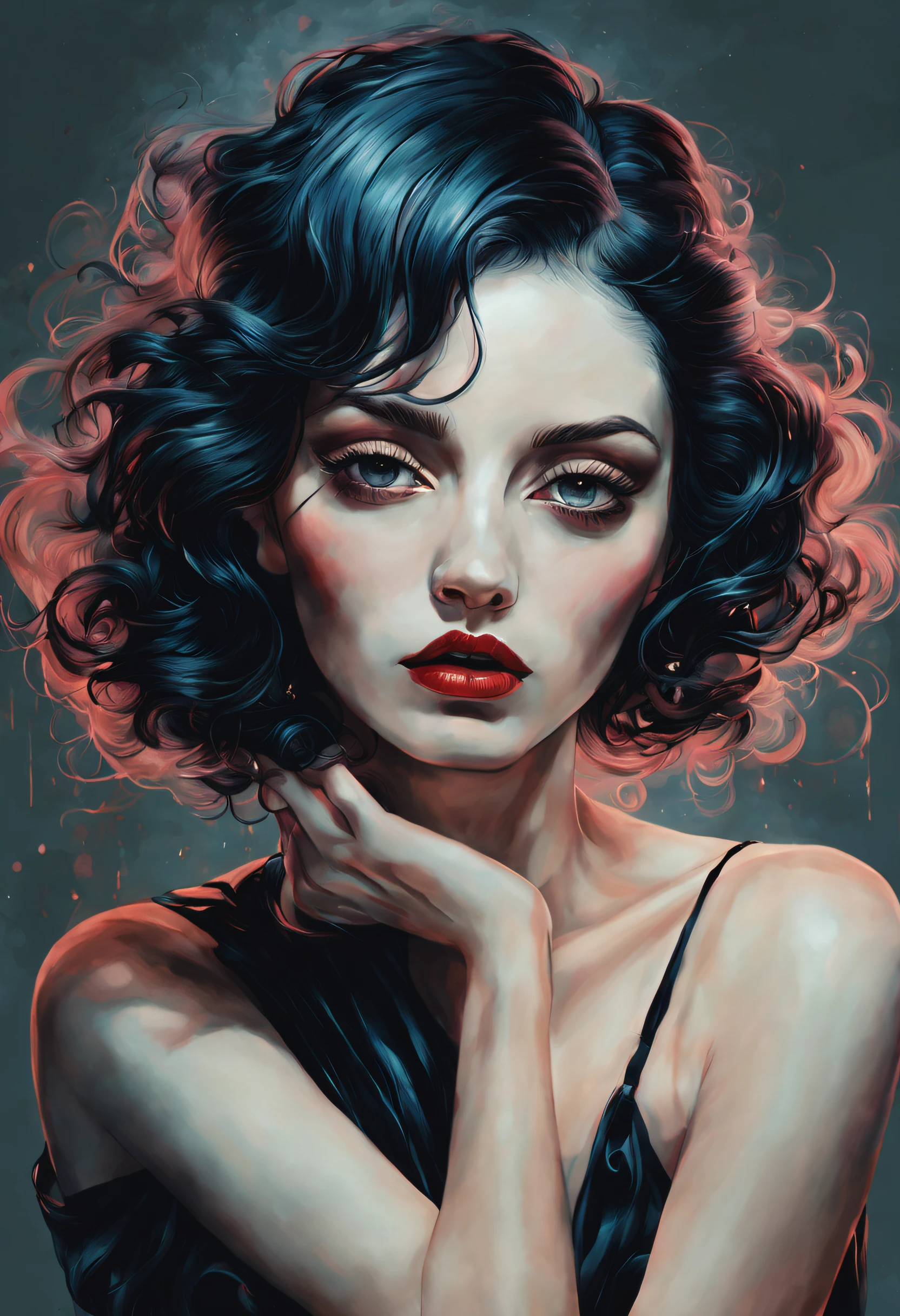 technique du clair-obscur sur l&#39;illustration d&#39;un élégant oldies , cheveux humide, ancien, sinistre, Peinture mate, par Hannah Dale, par Harumi Hironaka, couleurs extrêmement douces, vibrant, très détaillé, illustrations numériques , Contraste élevé, Spectaculaire, raffiné, tonal, expression du visage