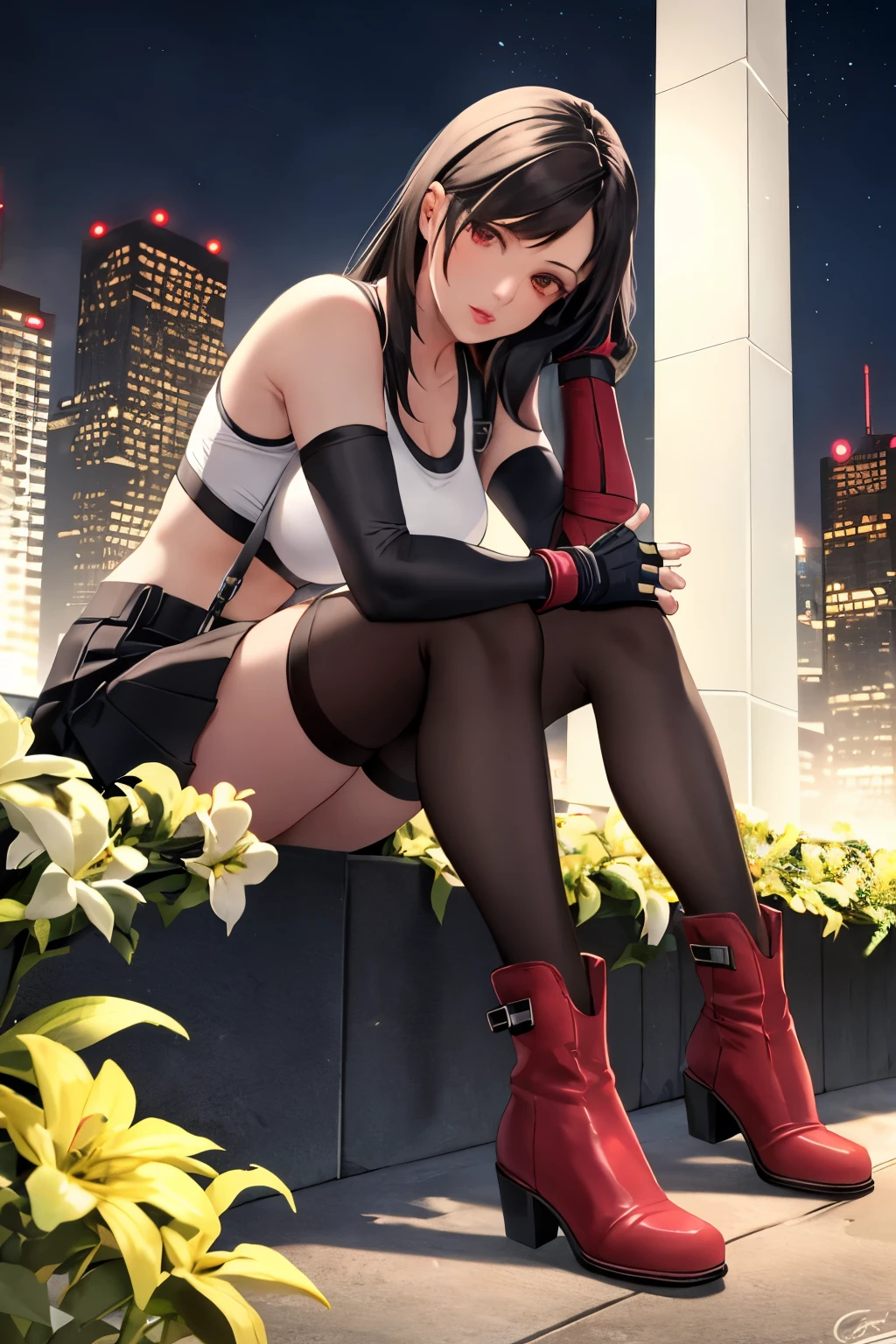 tifa lockhart, final fantasy vii remake, 1girl, ankle boots, black hair, black skirt, black thighhighs, boots, breasts, cityscape, crop top, elbow gloves, elbow pads, fingerless gloves, full body, gloves, head rest, lips, long hair, looking at viewer, low-tied long hair, medium breasts, nose, red eyes, red footwear, signature, single elbow pad, sitting, skirt, solo, sports bra, suspender skirt, suspenders, tank top, thighhighs, white tank top, midgar, green light, night, yellow flowers, ((((masterpiece))))