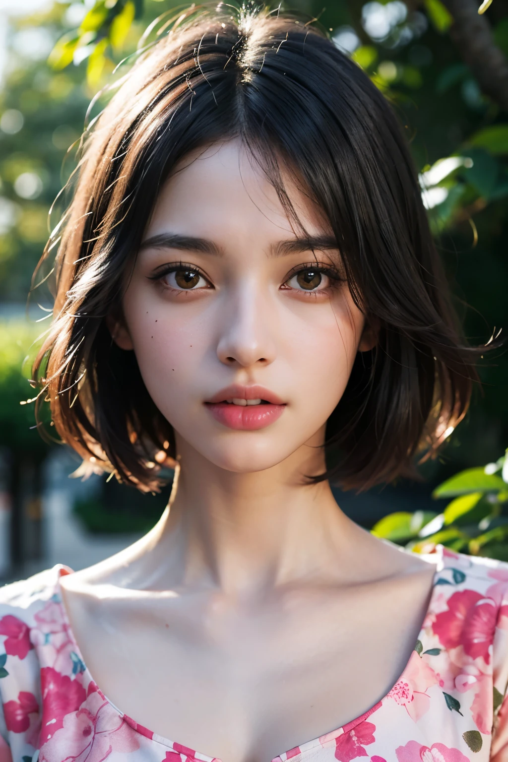 (high resolution:1.3), (8k, photorealistic, RAW photo, best quality: 1.4), japanese, (1girl), beautiful face, (realistic face), (black hair, short hair:1.3), beautiful hairstyle, realistic eyes, beautiful detailed eyes, (realistic skin), beautiful skin, attractive, ultra high res, ultra realistic, highly detailed, golden ratio, outdoors,windy,from below, pink floral print blouse