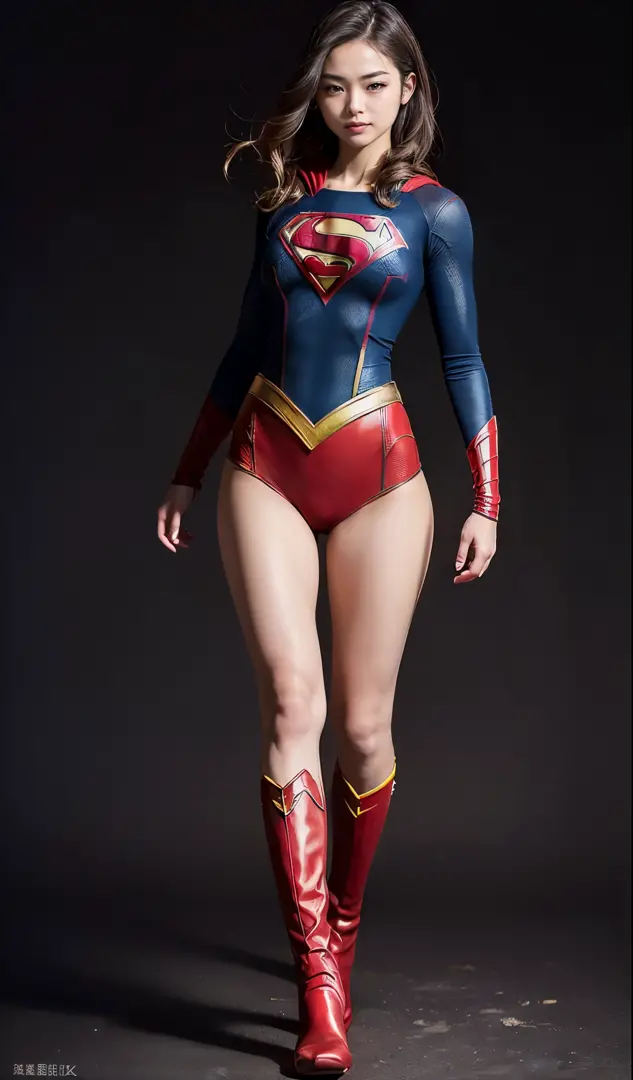 No background、(((Wear black tights on your beautiful legs.)))、(((Grow legs、tall、Legally express the beauty of your smile)))、((((Make the most of the original image)))、(((Supergirl Costume)))、(((beautiful hairl)))、(((Suffering)))、(((Feet must necessarily be...