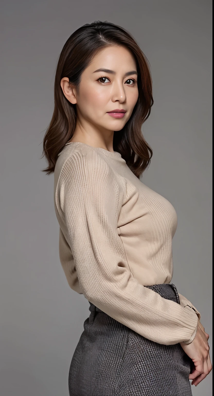 hight resolution, high-level image quality, high detailing, ​masterpiece, Textured skin, tre anatomically correct, sharp, greybackground((japanese mature, 55 years old)), 独奏, ((Wrinkles on the face)), large breasts with good shape, Light brown straight hair that reaches to the shoulders, chubby figure (((Stand upright facing the center of the screen))), Close your mouth and look straight ahead with a serious face, Sweaters, skirt by the, ((cowboy  shot)),