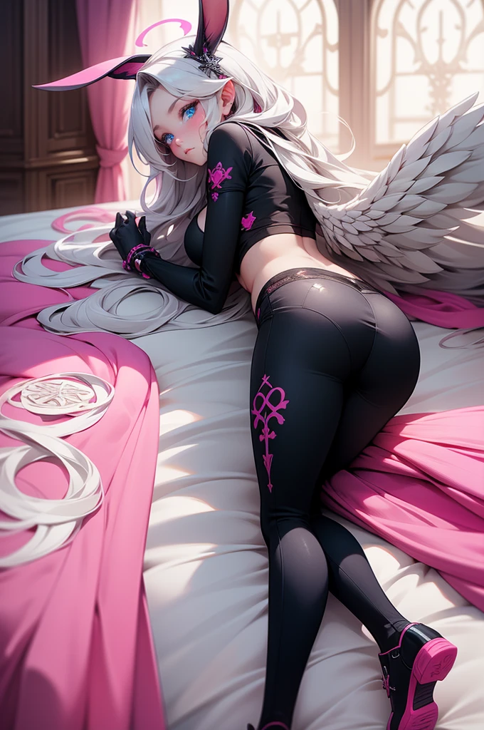 {-erro_de_anatomia:1.0}  woman, solo, long hair, breasts, sideboob, areola, long white hair, white stockings, pink heart-shaped wings, compass rose halo, wings, navel, gloves, bunny ears, diaphragm, magic circle, asymmetrical legwear, angel, angel wings, small pink wing, animal ears, very long hair, blue eyes, pink wings, big breasts, mismatched pants, single shoe, feathered wings, blue eyes, shoes, high socks, crop top pink, cross, white hair, lying on the bed, backwards, looking back, with her face against her shoulder, sexy look