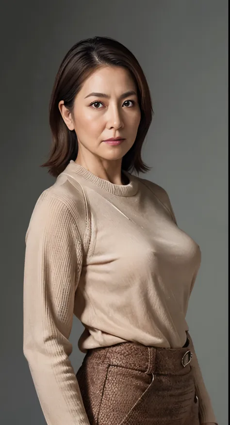 hight resolution, high-level image quality, high detailing, ​masterpiece, Textured skin, tre anatomically correct, sharp, greybackground((japanese mature, sixty years old)), 独奏, ((Wrinkles on the face)), large breasts with good shape, Light brown straight ...