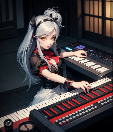 vampire Girl playing keyboard、Silver-haired、length hair、yellow  eyes、Put on your headphones、Gothic clothes
