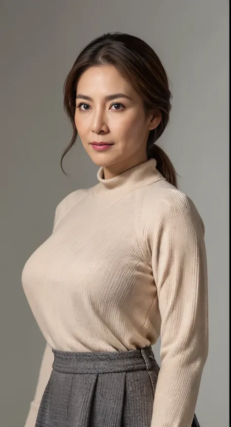hight resolution, high-level image quality, high detailing, ​masterpiece, Textured skin, tre anatomically correct, sharp, greybackground((japanese mature, 65 years old)), 独奏, ((Wrinkles on the face)), large breasts with good shape, Light brown straight hai...