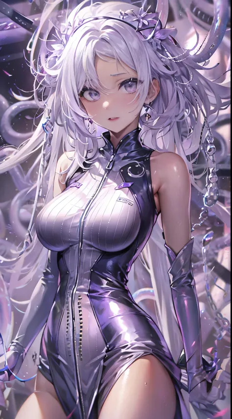 One lady,14years,((White hair) ,((())), ((Normal breasts)), (())(()),(Shiny purple bodysuit with microskirt))),,((Fantasy))(())t...