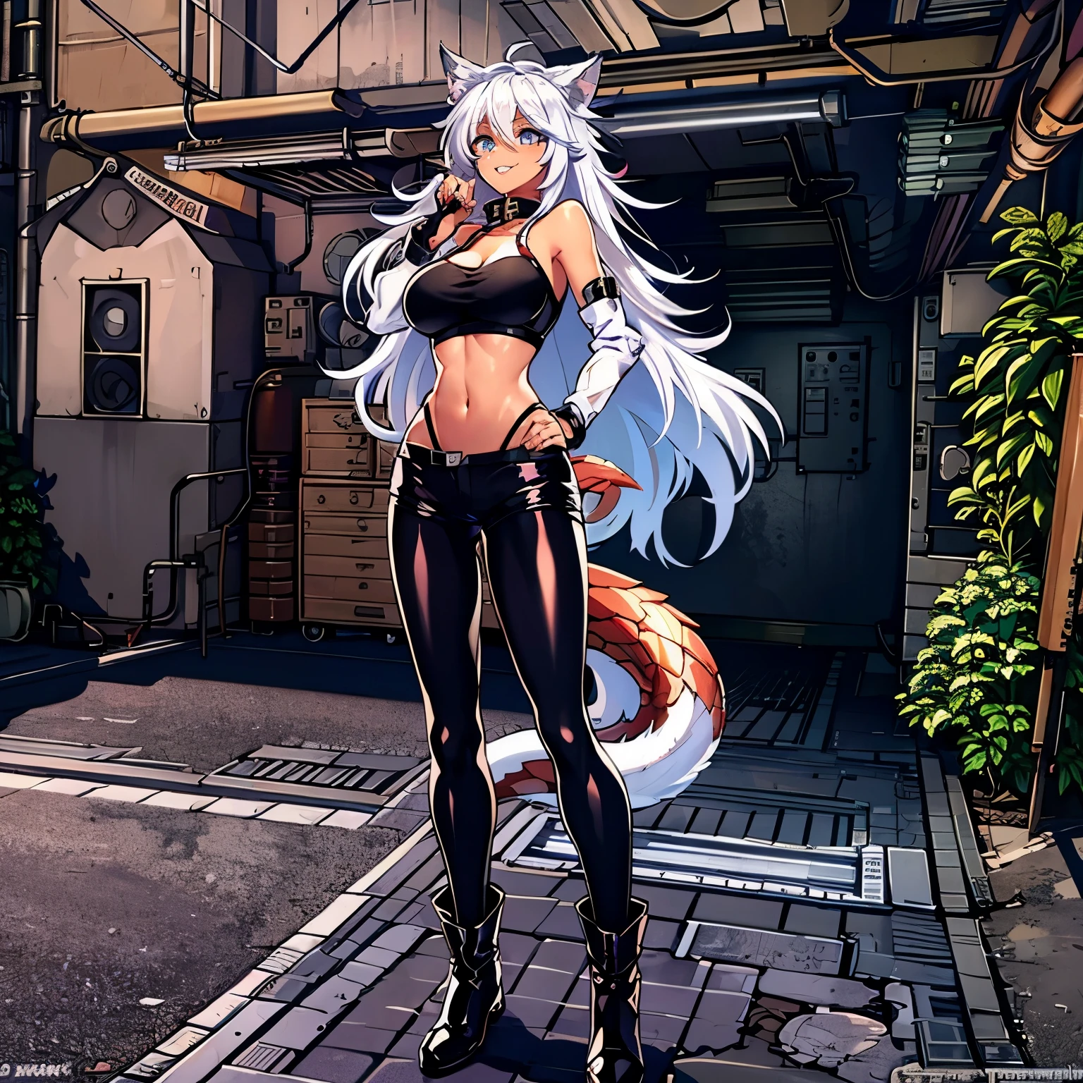 8k, resolution, high quality, high resolution, best quality, best resolution, absurd resolution, ray tracing, high detailed, masterpiece, shoulder length white hair, female,white wolf ears, teenage girl, slim body, white scale dragon tail,black combat boots,dark camo pants, black t-shirt, white jacket, medium size chest, detailed blue eyes, beautiful face,solo female,1 dragon tail