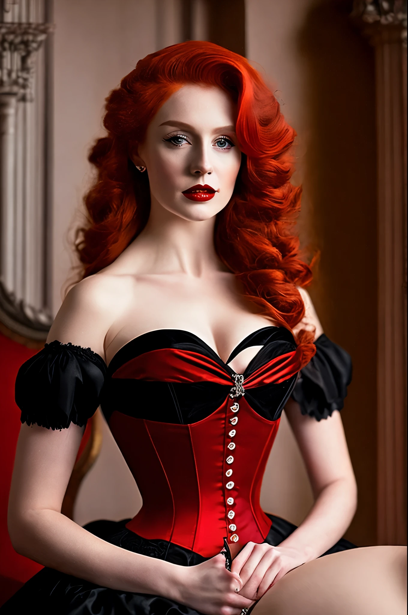 Create a high-quality photoshoot showcasing a stunning redhead model in a classic Victorian bedroom, dressed in a sophisticated red and black corset, emphasizing her poise and beauty. ultra realistic, realistic skin texture, 16k