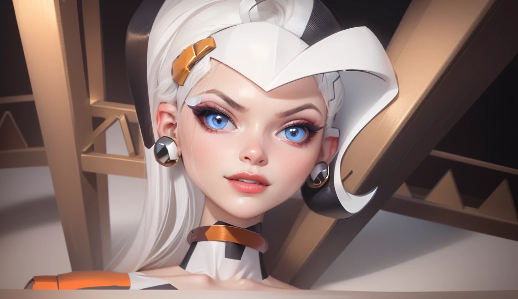 1 girl, beautiful,sharp features,hyper realistic,8k, white hair in high ponytail , strand of hair sticking out, earings that look like screws, seductive features,blue eyes, orange makeup, orange accessories ,detailed realistic hair