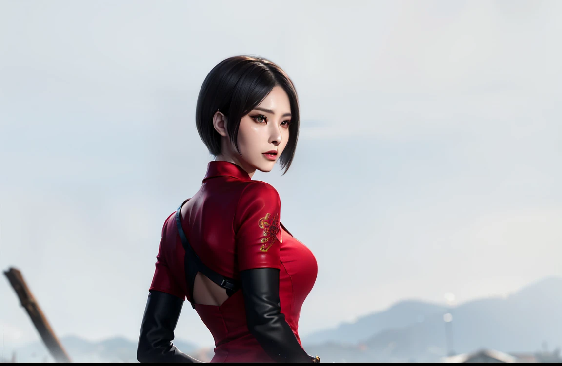 A woman with her back exposed,King Ida，Red clothes，Nice face，Clear eyes，wearing red cheongsam, Silk fabric,Artie Modern Animation. angle view, heroic gesture, Stunning beauty face closeup portrait (《Resident Evin》Ada Wong in Heroic Brave Lady, The wind blows short black hair, slim, well decorated、Detailed red dress, red high heel pumps,action portrait, realisticlying. 电影灯光, The is very detailed. Best quality at best, 4K,