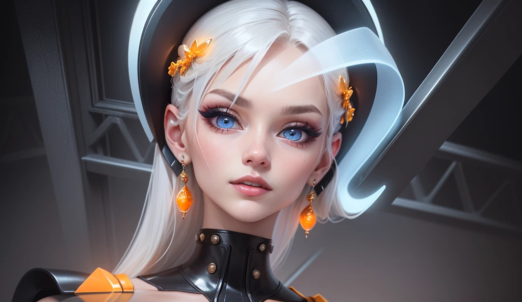 1 girl, beautiful,sharp features,hyper realistic,8k, white hair in high ponytail , strand of hair sticking out, earings that look like screws, seductive features,blue eyes, orange makeup, orange accessories ,detailed realistic hair