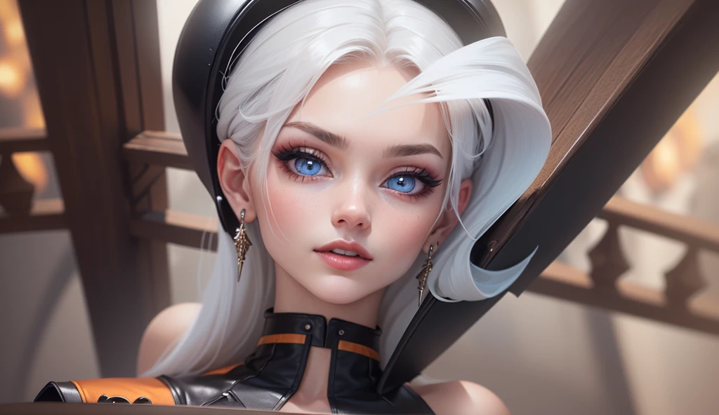 1 girl, beautiful,sharp features,hyper realistic,8k, white hair in high ponytail , strand of hair sticking out, earings that look like screws, seductive features,blue eyes, orange makeup, orange accessories ,detailed realistic hair