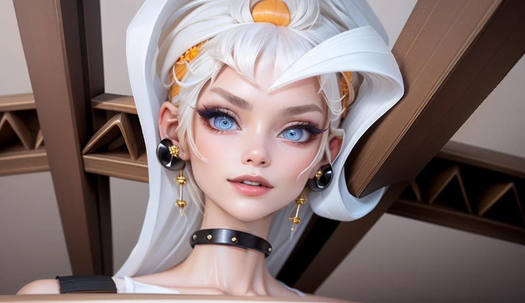 1 girl, beautiful,sharp features,hyper realistic,8k, white hair in high ponytail , strand of hair sticking out, earings that look like screws, seductive features,blue eyes, orange makeup, orange accessories ,detailed realistic hair