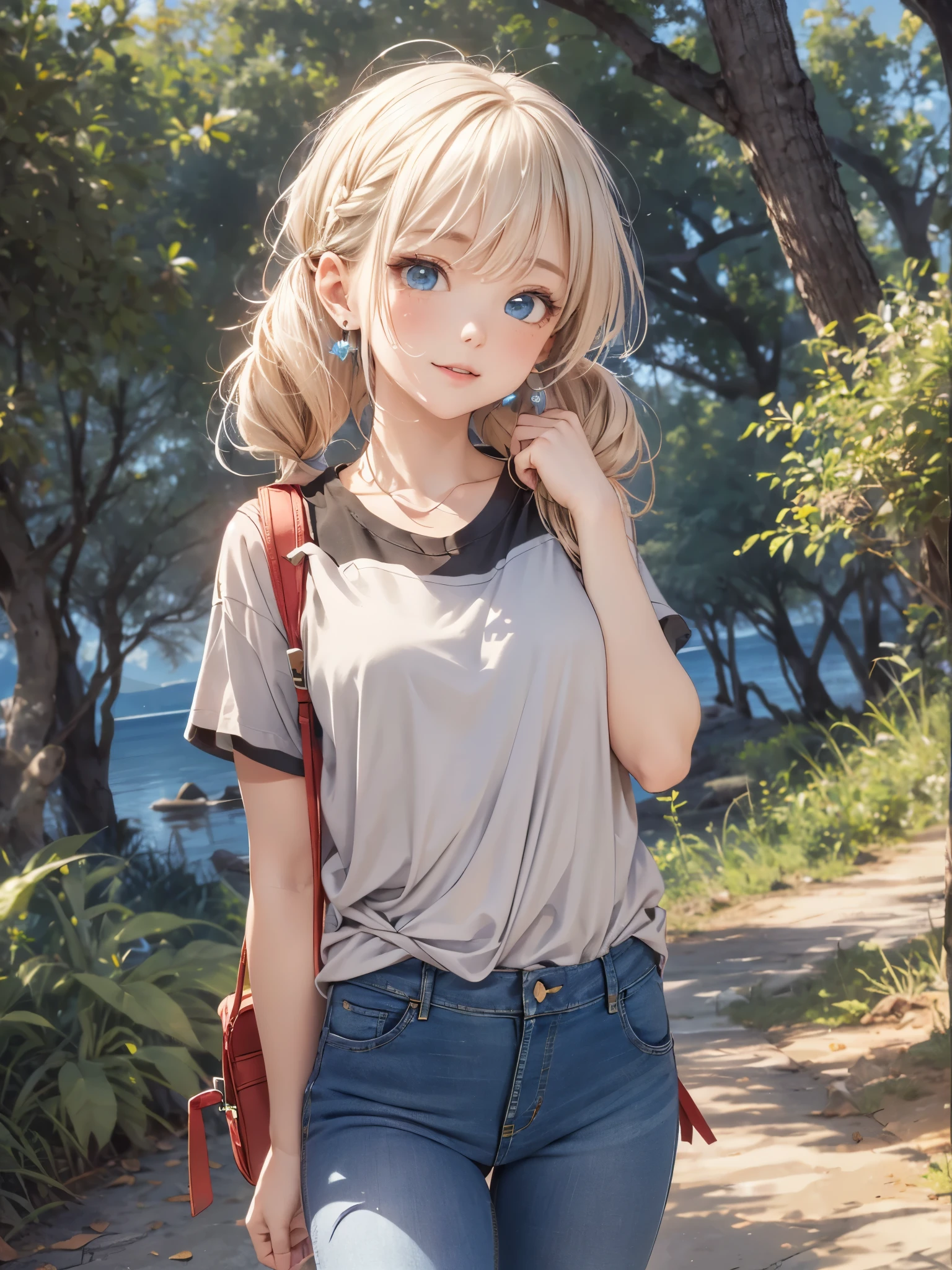 absurderes, ultra-detailliert,bright colour, (1girl in:1.3),extremely beautiful detailed anime face and eyes,(happy smail:1.4),Asymmetrical bangs and short twintails:1.3), Shiny hair, (Looking at Viewer),(From Side:1.3),Blue_skyporn, built, cliff, 云, cloudy_skyporn, tag, the woods, Grassy,jungles, lake, Ren Lea, light_Rays, mont, naturey, plein air, Pines_treeロード, landscapes, 天空, suns, suns光線, sunlights,The tree, tree_Shade, Eau, (Tight jeans:1.3), (a black T-shirt:1.4), Walking ,(Deep Blue Eyes:1.3),depth of fields, Delicate beautiful face, red blush、White skin, hair clips, earrings,