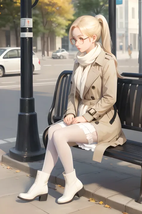 girl sitting at a bus stop on the street, wearing a brightly colored trench coat, Skirt, White stockings, bright colored boots, ...